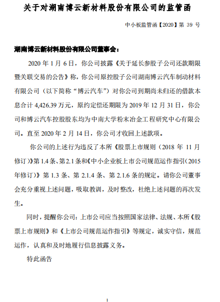 博云新材到期尚未归还的借款本息合计4,426.39万元收深交所监管函 